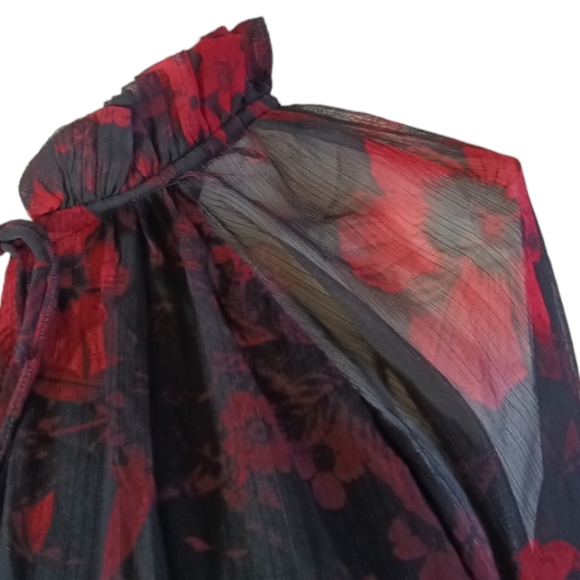 NWOT H&M Red & Black Floral Georgette / Spring Dress & Sheer Long Sleeves Size 8 - Picture 6 of 10